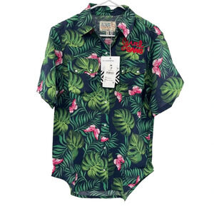 Free People Sandrine Rose Hawaiian Shirt Size S Navy Blue Palm Trees Girl Gang